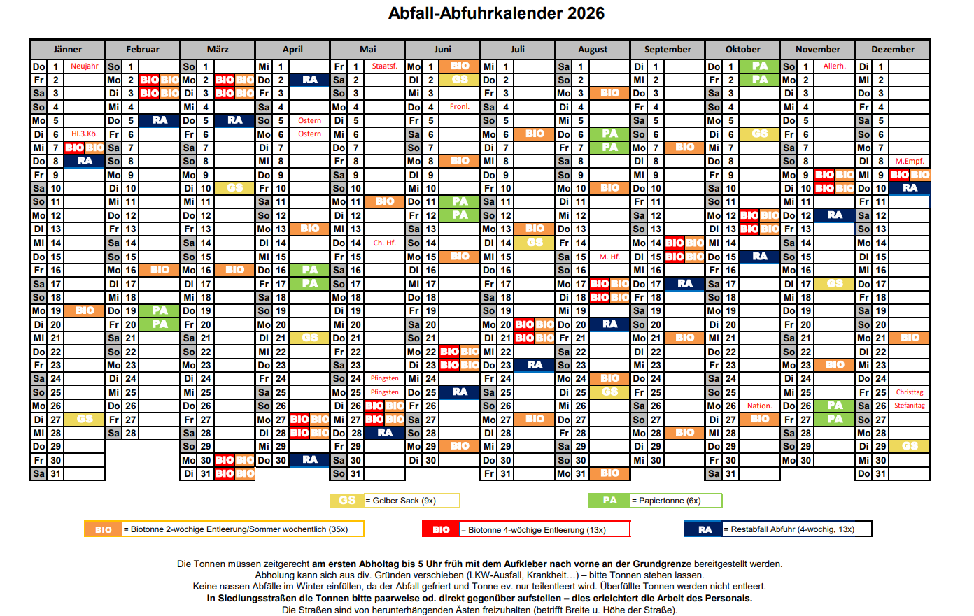 Müll- ,Papier- und Biotonnen Abfuhrtermine 2026